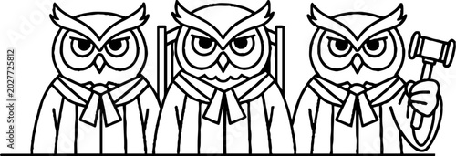 Trio of owl judges presiding over a legal court bench