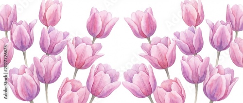 Elegant watercolor illustration showcasing a symmetrical arrangement of delicate pink and purple tulip blossoms, capturing the essence of spring's gentle beauty and floral grace