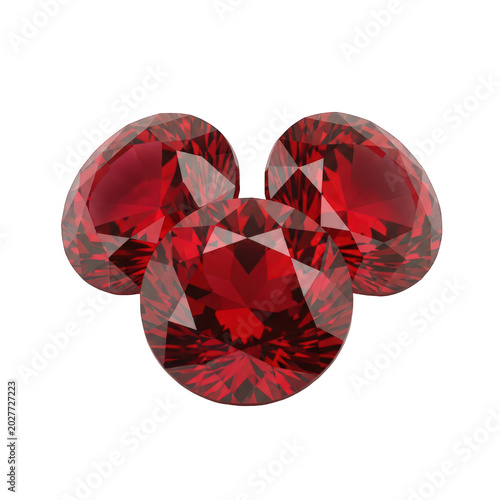 Three red gemstones close-up shot isolated on transparent background