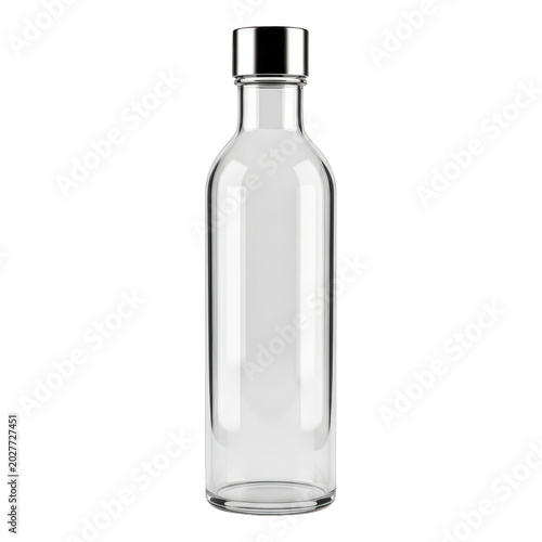 Clear glass water bottle with black cap isolated on transparent background