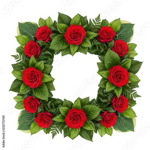 Red roses wreath with green leaves isolated on transparent background