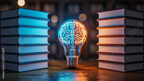 Glowing brain light bulb between books representing education and artificial intelligence concept