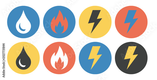 Foto Gas water and electricity icon design with electric bolt, water drop, and gas flame symbols isolated on background