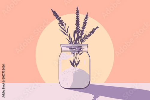 Artistic illustration of a lavender bouquet in a jar with shadow