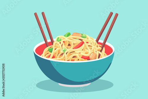 Colorful bowl of spicy Asian-style noodle stir-fry with vegetables