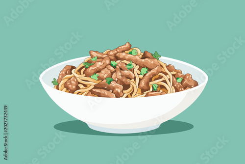 Bowl of beef and noodles garnished with herbs, on pastel background