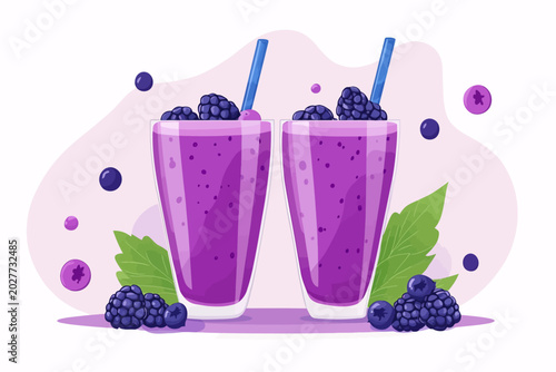 Two tall glasses of purple blackberry smoothie with berries, straws, leaves