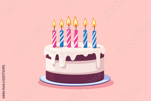 Delicious chocolate cake with white frosting and five lit candles