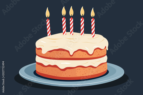 Delicious layered birthday cake with white frosting and five lit candles