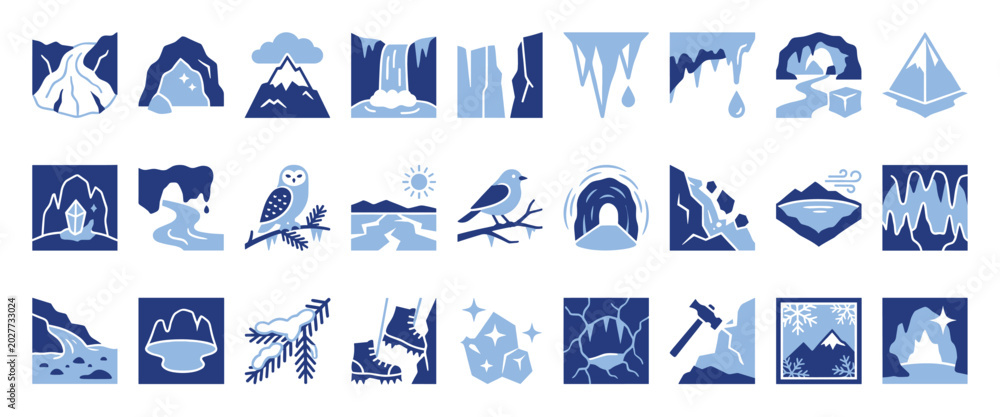 Obraz premium Set of winter nature, arctic expedition, and cold weather condition flat icons