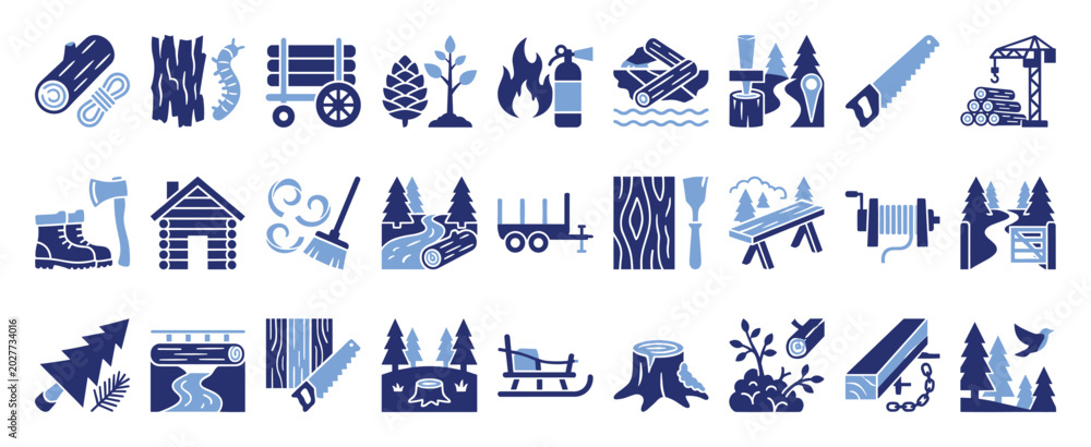 Obraz premium Set of forestry logging woodworking icons for industry, nature conservation, and outdoor adventure