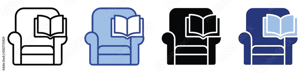 Fototapeta premium Set of armchair and open book icons for representing reading, relaxation, and learning activities