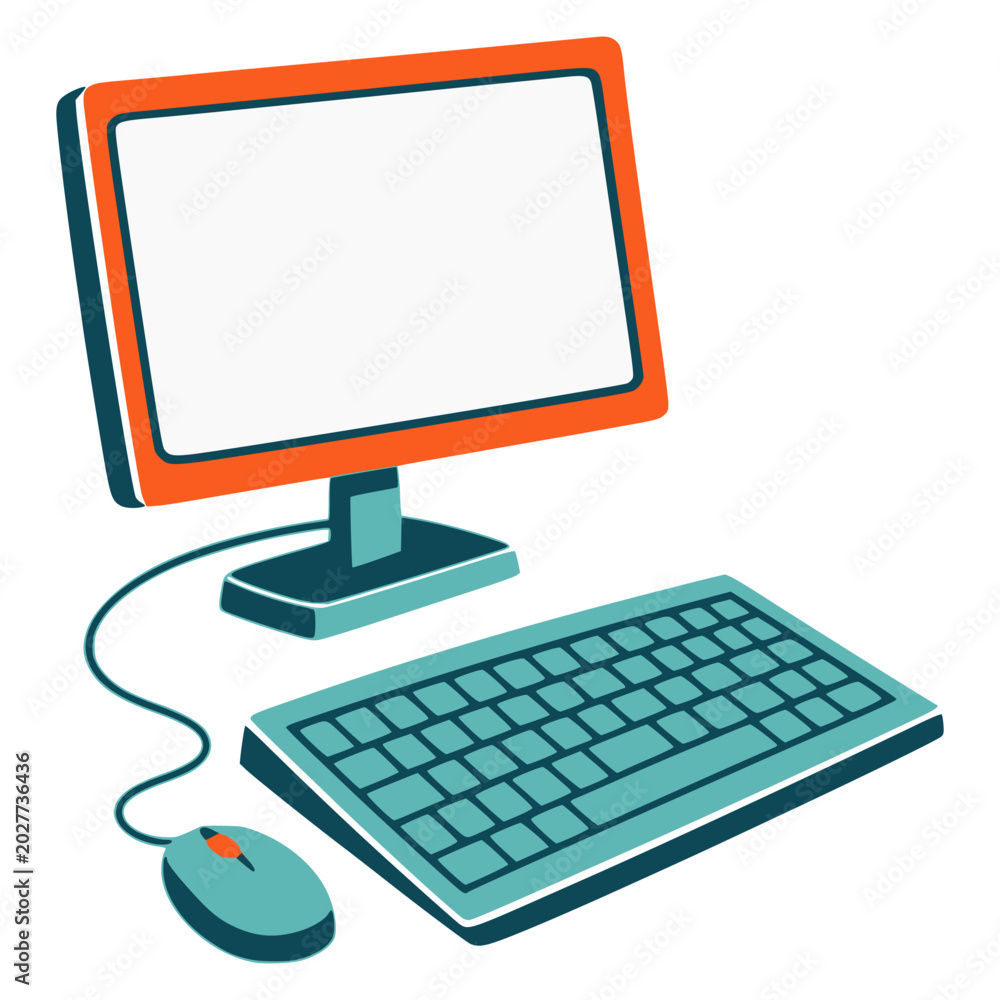 Fototapeta premium cartoon desktop computer with keyboard and mouse office workspace flat color vector illustration template design