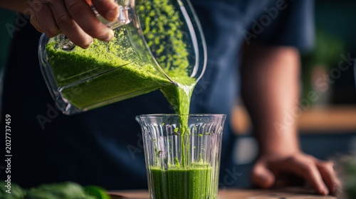 Hand pouring out spinach puree from a blender