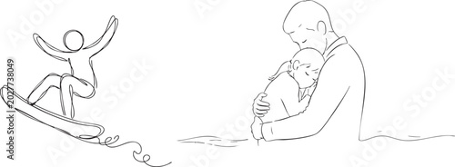 Photography Line of a man surfing and a man holding a baby line stick figure