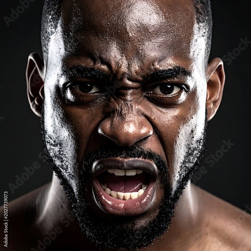 A close-up of an angry dark-skinned man with a scowling face