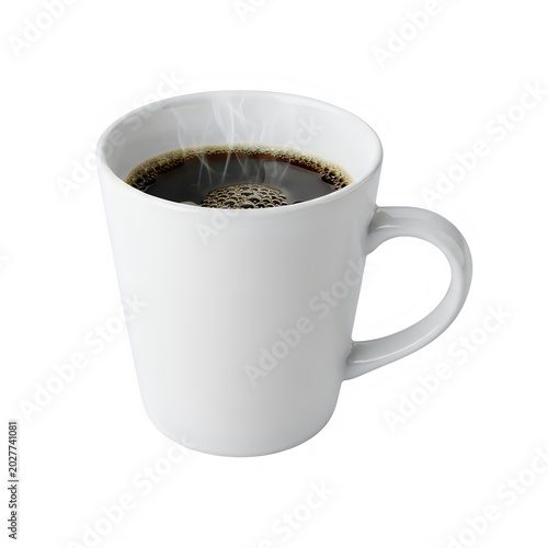 Freshly brewed coffee in white ceramic mug with steam rising transparent background