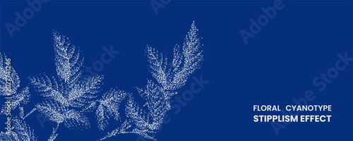 Floral cyanotype stipplism effect with white botanical leaves on a deep blue background