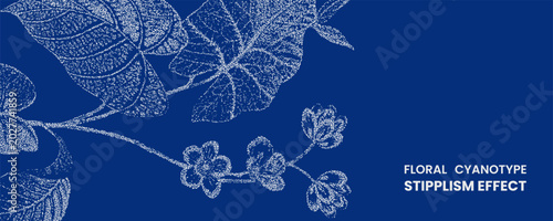 Floral cyanotype stipplism effect with white botanical illustration on blue background