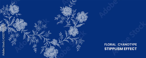Floral cyanotype stipplism effect with white dotted flowers on a deep blue background