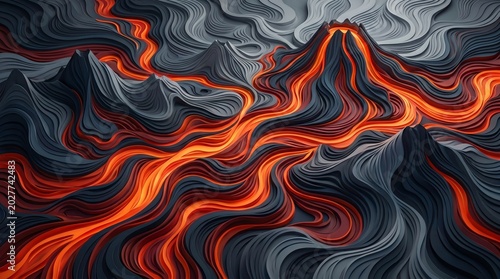 Vibrant Abstract Digital Art Illustrating Fiery Lava Rivers Cascading Down Stylized Dark Peaks from a Smoking Volcano, Capturing Raw Earth's Dynamic Energy
