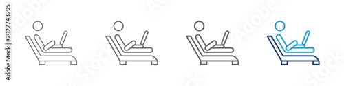 Remote working icon despict a person sitting relaxed on a reclinng chair holding a lap top, designed with varying line thicknesses and a blue color scheme for web and illustation design.