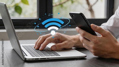 Wireless connectivity between smartphone and laptop with wifi signal icon, mobile internet connection concept, person using multiple devices for communication and networking in