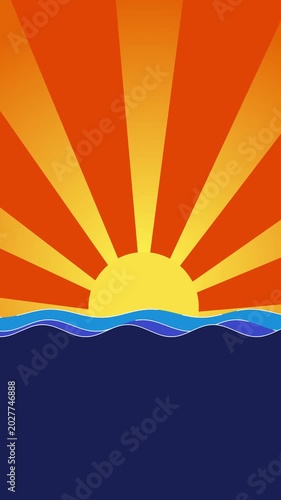 animation rotated sun rays cartoon with ocean waves. summer vibes background