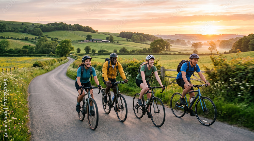 Fototapeta premium Four friends cycling together on a scenic countryside road at sunset with green hills and trees