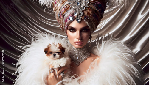 An eccentric heiress in an ostrich feather boa and turban, holding a small dog, looking defiant, Ai generated image