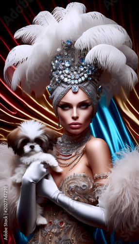 An eccentric heiress in an ostrich feather boa and turban, holding a small dog, looking defiant, Ai generated image