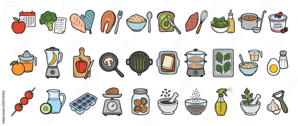 Obraz premium Set of healthy eating and cooking ingredient kitchen appliance activity icons for recipes