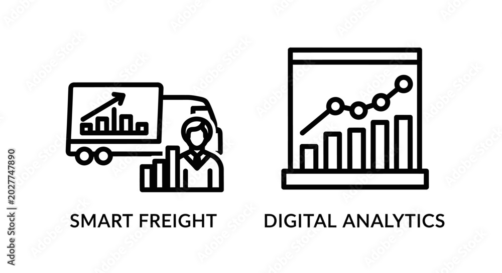 Fototapeta premium Smart freight and digital analytics icons for logistics with analytics, delivery