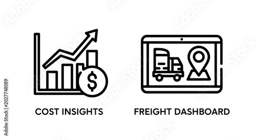Cost insights and freight dashboard outline icons with insights, dashboard