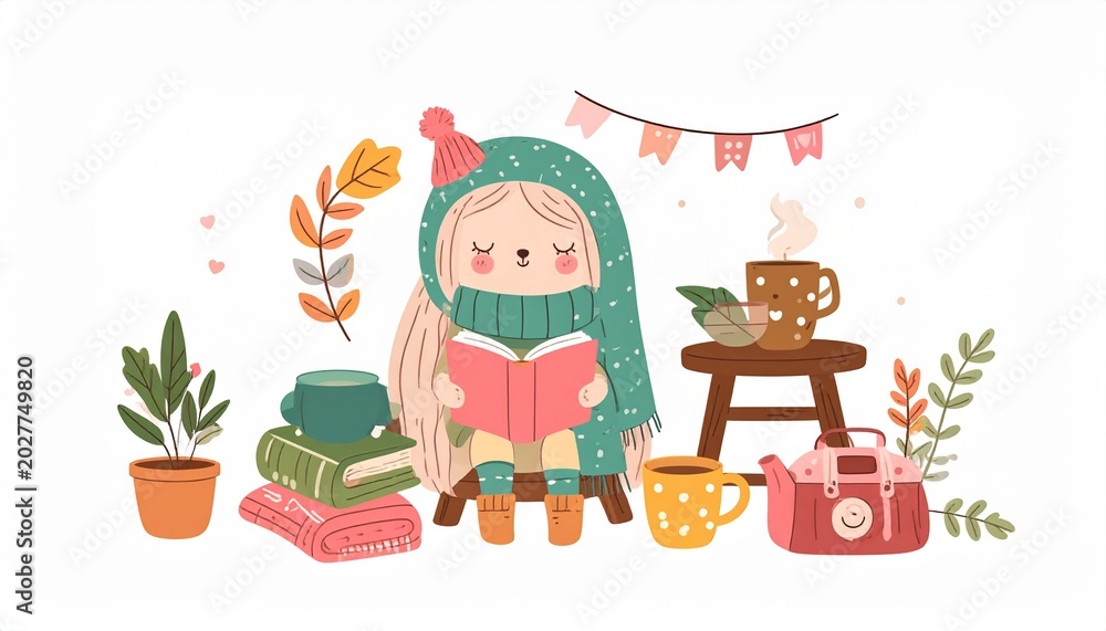 Fototapeta premium A cheerful girl reads a book surrounded by plants, books, and a camera in a cozy setting.