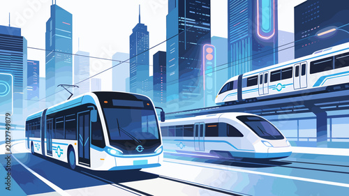 Quadro em tela Futuristic public transportation system featuring sleek, modern buses and high-speed trains in a vibrant, technologically advanced cityscape