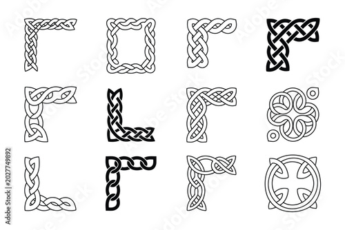 Celtic knotwork corners design set with intricate interlaced patterns and ornamental border elements for traditional artwork.