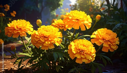 Vibrant Orange Marigold Flowers Blooming in Sunlight.