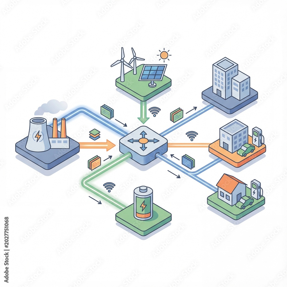 Fototapeta premium Smart grid concept showing renewable energy sources powering homes and businesses with battery storage
