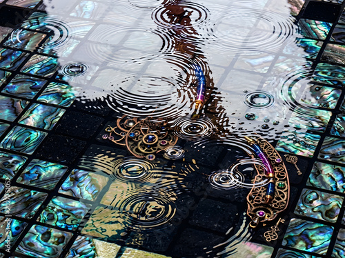 Reflections of Jewels and Water Droplets on Textured Tiles, Creating a Mesmerizing Visual Symphony