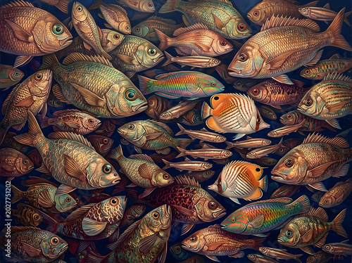 A vibrant underwater scene filled with a diverse school of colorful fish swimming in a densely packed marine environment