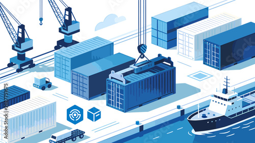 Foto An illustration of a bustling cargo port with cranes loading shipping containers onto a large vessel, symbolizing global logistics and modern trade