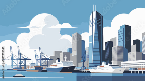 Fotografie Modern city skyline with a bustling harbor, featuring large ships, towering skyscrapers, and industrial cranes under a clear blue sky