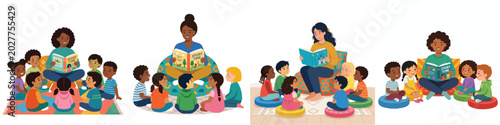 Foto A woman sitting on a cushion and reading a storybook to a attentive diverse group of children