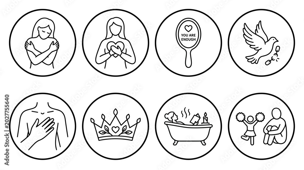 Fototapeta premium Empowering vector svg Mental Health and Wellness Outline Icons set featuring self-care, emotional well-being, inner peace, and psychological support concepts