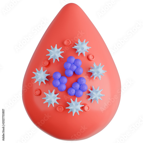 3D Icon Illustration of Sepsis Caused by Streptococcus Bacteria Infection. Drop of blood with red blood cells, white blood cells and gram positive cocci bacteria.