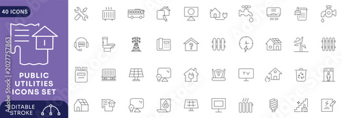 Public utilities icon set. Contains icons related to public utilities, Gas, electricity, water, heating. Editable stroke