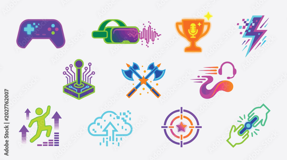 Obraz premium Collection of colorful gaming icons and symbols representing video games, esports, and virtual reality.