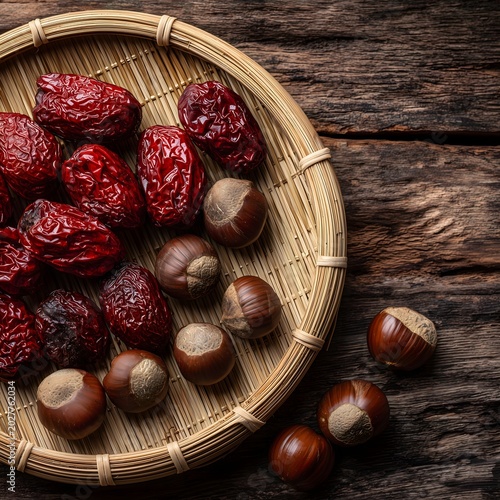 Dried red dates and chestnuts on hand-woven bamboo sifter