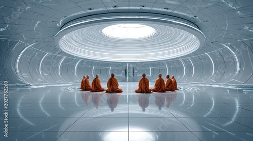 Meditating figures in orange robes inside a futuristic high tech interior space
